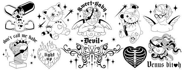 Y2k Tattoo art 90s, 00's silhouettes.Angel, baby demon, heart shaped bones and fire, barbed love art.Vector tats with gothic weird brutal quotes. Black and white colors, fun goth stickers.