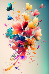 Spring expressive poster. Flying colorful flower petals, levitating flowers. Generative ai