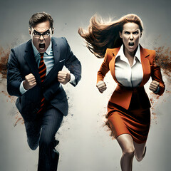 A businessman and a businesswoman on race to success, competeing with each other, running, well dressed and highly ambicious 
