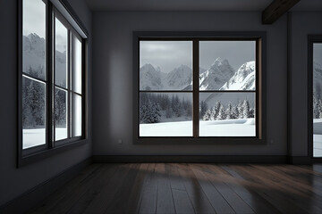 Fototapeta na wymiar A modern, vacant room with a view of the snow. The room features a wood floor, gray walls, and big windows. Viewing the snow covered mountains outside