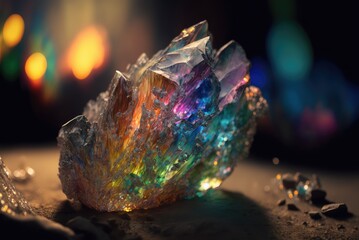 Rainbow Crystal, Titanium Color Stone, Cyber Crystal on Black Background Generative Ai Illustration