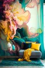 modern luxury bedroom scene with a stunning hyper-realistic abstract mural of spring flowers in front of an exquisite bed, yellow, blue, teal & pink pastels,  (generative AI) vertical or portrait layo