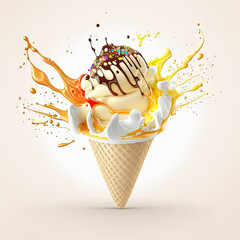 Ice Cream Cone Isolated, Icecream Drawing Imitation, Waffle Gelato, Ice Cream Splash Abstract Generative AI Illustration