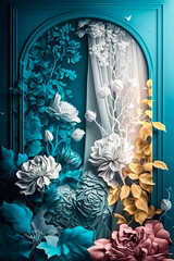 Floral gate or door made out of flowers, white, yellow & blue color scheme, abstract nature wallpaper (generative AI)