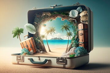 Paradise beach with palm trees inside a travel suitcase. Generative ai.