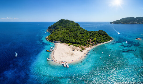 The beautiful island of Marathonisi or Turtle island in the bay of Laganas with turquoise sea and sand beaches, Zakynthos, Greece