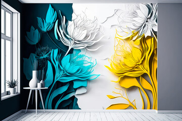 modern living room scene with a spectacular hyper-realistic abstract mural of spring flowers, yellow, blue, teal & pink pastels, (generative AI) vertical or portrait
