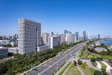 Aerial photography of modern urban architecture scenery in Qingdao, China