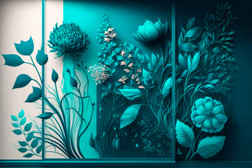 Duptone Split color floral backdrop with a frame in the center, teal and white bi color abstract spring flowers and plants (generative ai) wallpaper art