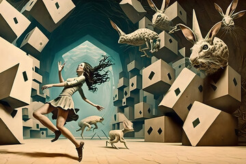Surrealist dream, dali style, of a woman running away from boxes of weird rabbits in an impossible environment, nightmare style