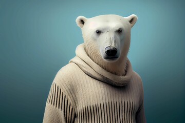 Polar Bear wearing human clothing. Solid color background, studio style. Portrait photo. Generative AI.