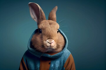 Fototapeta na wymiar Rabbit wearing human clothing. Solid color background, studio style. Portrait photo. Generative AI. 