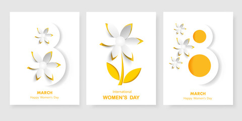 International Women's Day. Set of greeting card for 8 March with the decor of flowers.Number 8 in the style of cut paper with a spring flowers.For brochures, postcards, tickets, banners.