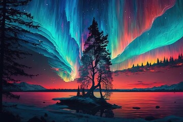 Fototapeta na wymiar Aurora Borealis Night Sky Painting, Vortex River, Surreal Frozen Landscape, 80s Mountain Lights Photo
