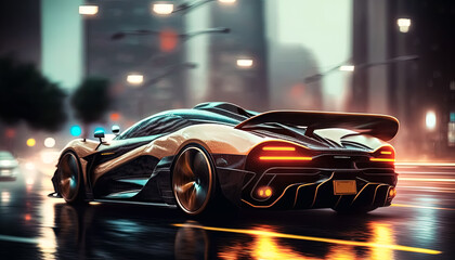 Generative AI illustration of a Luxury Sport Car Racing Through City Streets at night, futuristic car drive fast