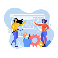 Business analysis blue concept with people scene in the flat cartoon style. Business workers analyze economic data and financial information about the state of the company.