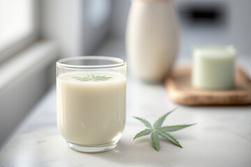 Obraz na płótnie Canvas Glass with vegan hemp milk on a white table. Generative AI