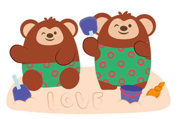 Monkey kids enjoy to play with sand on beach