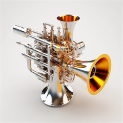 Trumpet from car engine parts isolated on white