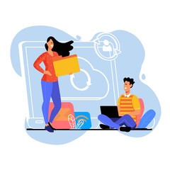 Blue concept Cloud storage with people scene in the flat cartoon design. Two employees upload various folders and files to a shared cloud storage on the Internet.
