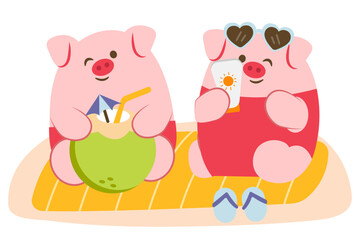 Happily Pig lover have vacation on the beach
