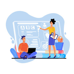 Online test education blue concept with people scene in the flat cartoon design. Teacher explains new school topic for student at online lessons.