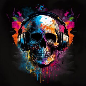 Colorful grunge DJ skull with headphones