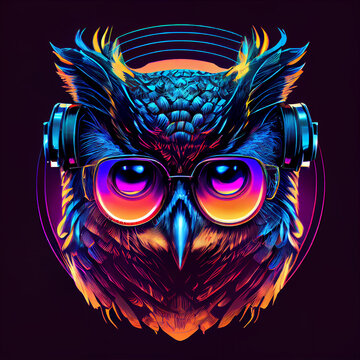 Eule mit Kopfh&ouml;rern und Brille in Neonfarben Retrowave Style. Generative Ai.