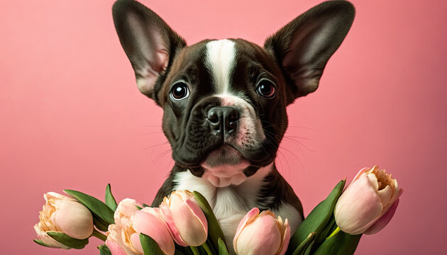 Cute doggy holding a bouquet of tulips on pink background. Generative Ai