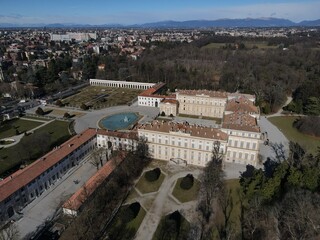 Aerial view of facade of the elegant Villa Reale in Monza, Lombardy, north Italy. Birds eye of the beautiful Royal Palace of Monza. Drone photography in Lombardia.