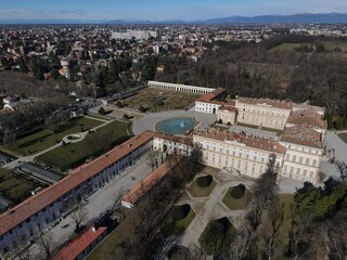 Aerial view of facade of the elegant Villa Reale in Monza, Lombardy, north Italy. Birds eye of the beautiful Royal Palace of Monza. Drone photography in Lombardia.