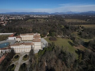 Aerial view of facade of the elegant Villa Reale in Monza, Lombardy, north Italy. Birds eye of the beautiful Royal Palace of Monza. Drone photography in Lombardia.