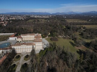 Aerial view of facade of the elegant Villa Reale in Monza, Lombardy, north Italy. Birds eye of the beautiful Royal Palace of Monza. Drone photography in Lombardia.