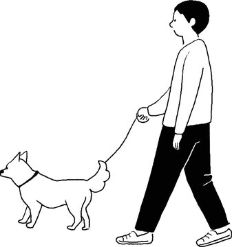 犬の散歩をする男性のベクター線画
