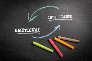 Emotional Intelligence concept. Colored pieces of chalk on a dark chalkboard