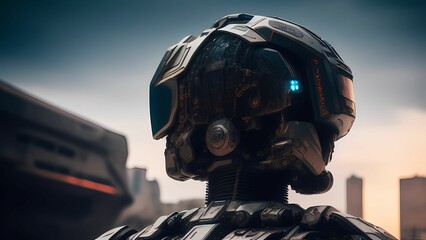 Fototapeta premium robot android cyborg machine futuristic in the cyberpunk city, digital art style