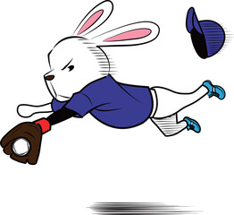 ダイビングキャッチするウサギの野球選手