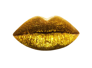 Beautiful lips with shiny golden lipstick on white background