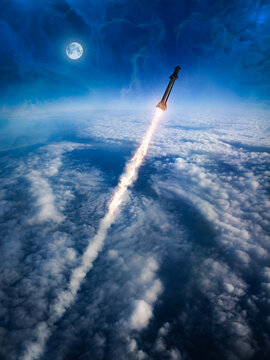 Missile flying in the sky, military long range rocket, 3d render