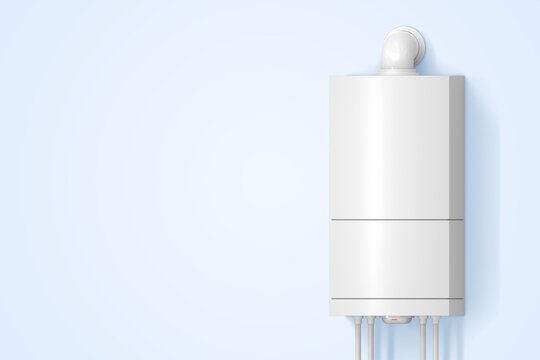 Boiler water heater with plastic tubes on blue wall background 3d render. Home plumbing, realistic mockup of gas or electric fixture, modern household central heating system equipment