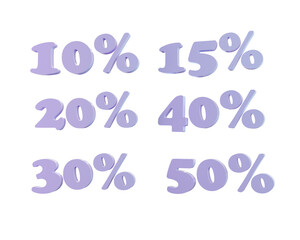 3d numbers 10, 15 20, 30, 40, 50 percent violet sale on transparent background. For web, ux, ui