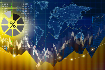 Stock exchange concept. Modern buildings, world map, data and charts, multiple exposure