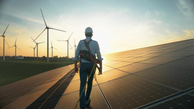 Professional Male Green Energy Engineer Walking On Industrial Solar Panel, Wearing Safety Belt And Hard Hat. Man Inspecting Sustainable Energy Farm With Wind Turbines On Background.