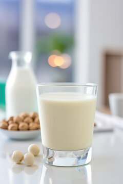 Vegan macadamia milk on a white table. Generative AI
