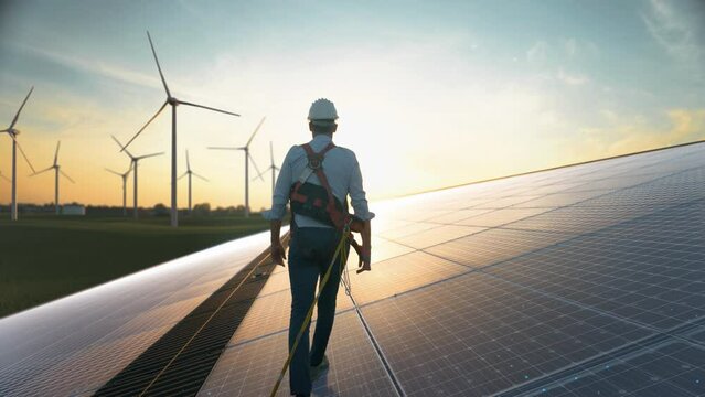 Professional Male Green Energy Engineer Walking On Solar Panel, Wearing Safety Belt And Hard Hat. Man Inspecting Sustainable Energy Farm With Wind Turbines. VFX Graphics Visualizing Electricity Flow.