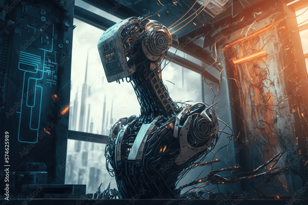 Poster head skull of robot.futuristic, modern illustration. innovative technologies. generative ai