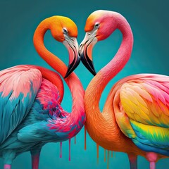 Beautiful romantic flamingos joining their heads in the shape of a heart. Dark background. Generative AI