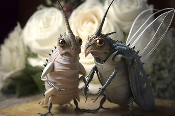 A beauitiful portrait of two bugs, beetles or cockroaches getting married in the most beautiful ceremony, comic, funny, sweet and adorable, cartoon