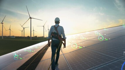 Professional Male Maintenance Engineer Walking On Solar Panel in Sustainable Resources Farm With Wind Turbines. Following Shot of Expert Inspecting Hardware. VFX Infographics Shows Statistics, Data. - Powered by Adobe
