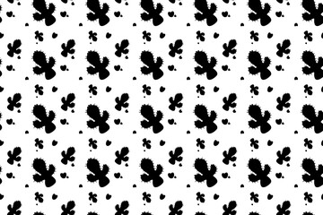 Vector illustration of a seamless pattern of black cute, modern cacti, black on a white background. Hearts. Different hearts and cactuses, for textile printing, web design, social networks. 